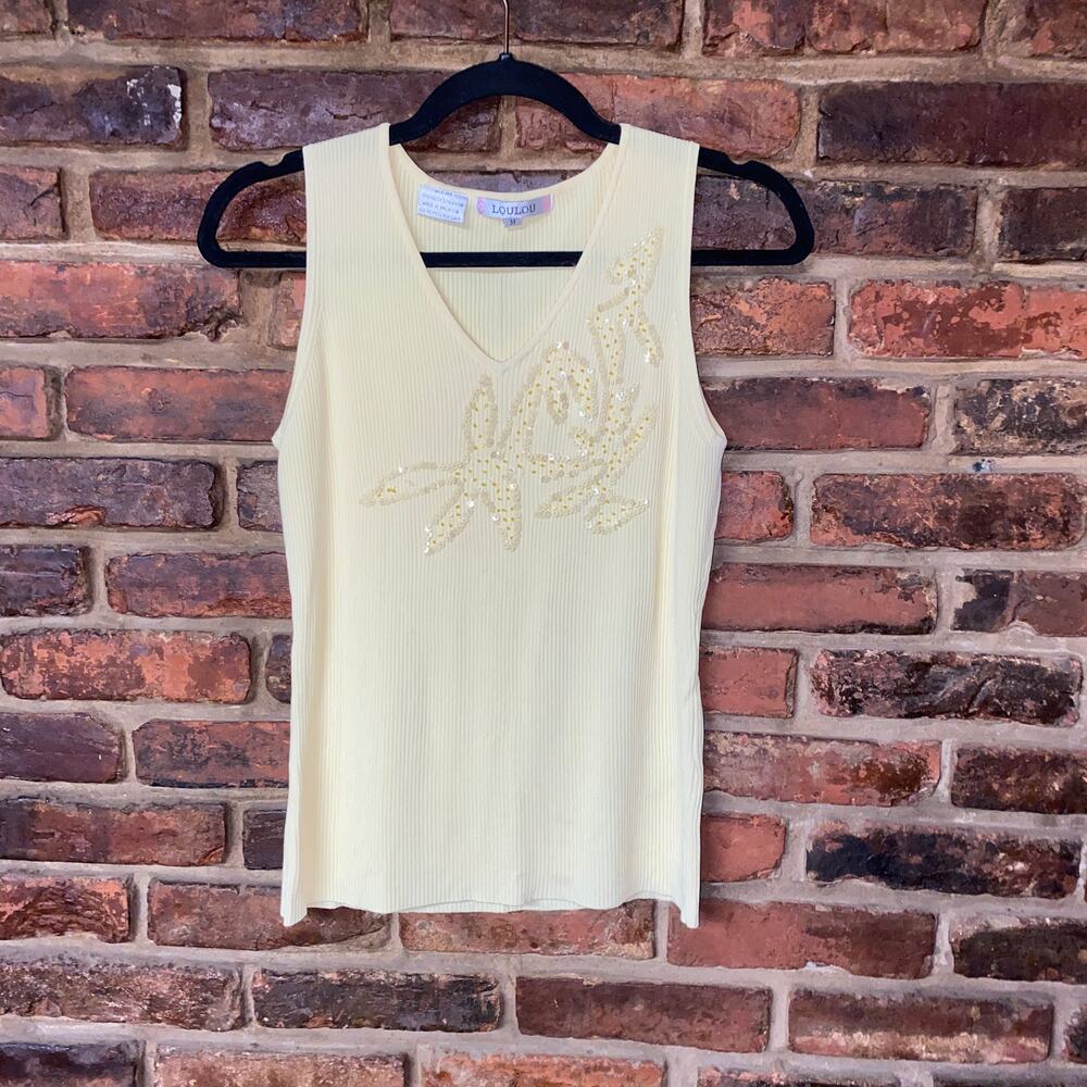 LouLou Vintage 90s Yellow Ribbed Sequined Sleeveless Tank Top Womens Size Medium